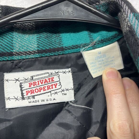 Vintage Private Property Lined Plaid Flannel Button Up M USA Shacket 70s Green - Picture 2 of 4